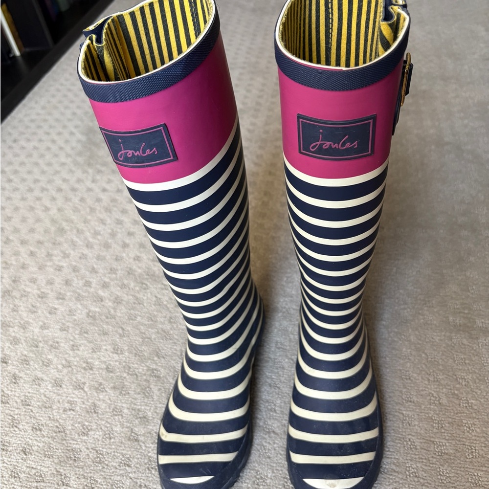 Joules Women's Pink and Navy Striped Rain Boots